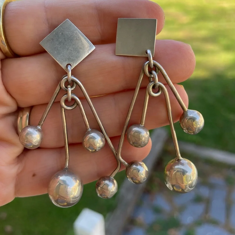 Vintage Taxco Sterling Silver Large Dangly Statement Earrings - Picture 11 of 13